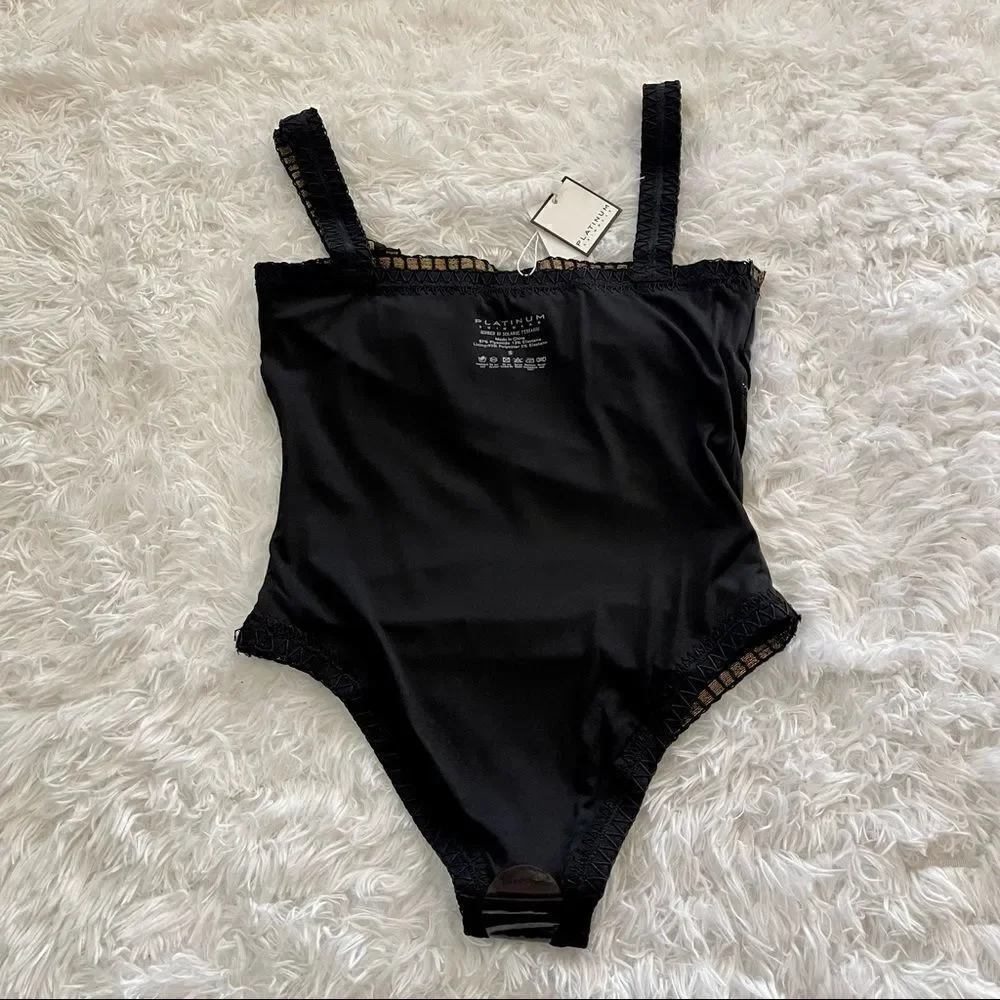 Platinum Swimwear Black Square Neck One Piece Swimsuit with Gold Trim SZ S BNWT